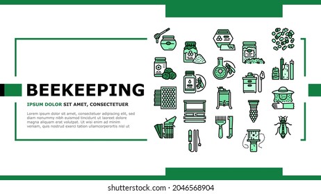 Beekeeping Profession Occupation Landing Web Page Header Banner Template Vector. Bee Honey Bottle And Pollen Container, Royal Jelly And Beeswax Candles, Hand Tools And Smoker Beekeeping Illustration