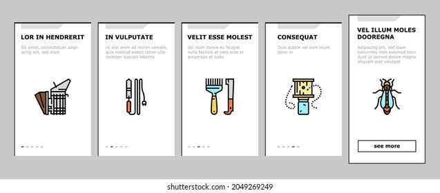 Beekeeping Profession Occupation Onboarding Mobile App Page Screen Vector. Bee Honey Bottle And Pollen Container, Royal Jelly And Beeswax Candles, Hand Tools Smoker Beekeeping Business Illustrations