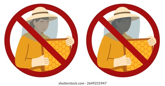 Beekeeping is prohibited. Danger of bee stings. Vector set with forbidden signs for stickers and signs. Do not touch apiaries.