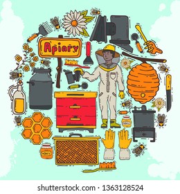 Beekeeping round pattern, apiary vector illustration. Online beekeeping courses. Beekeeping workshop. beekeeping tools and equipment. Honeycomb, honey from beehive, jar with organic honey.