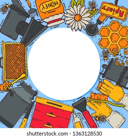 Beekeeping round pattern, apiary vector illustration. Beekeeping workshop, beekeeping tools and equipment. Honeycomb, honey from beehive, jar with organic honey. Flowers with bees.