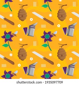 Beekeeping Seamless Pattern with Bee on Flower, Honey Knife, Beehive, and Bee Smoker. You can use this design to create poster, tshirt, pillow, tote bag, pouch, phone case, etc.