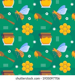 Beekeeping Seamless Pattern with Honey, Bee, Honey Dipper, and Honeycomb. You can use this design to create poster, tshirt, pillow, tote bag, pouch, phone case, etc.