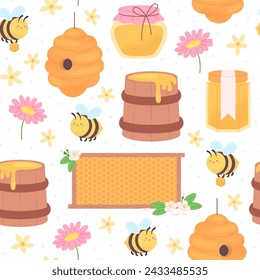 Beekeeping seamless pattern. Sweet honey jar, honeycombs and cute cartoon bee. Flat wooden barrel and flowers, seasonal racy vector background