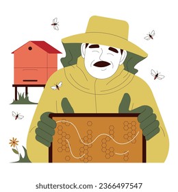 Beekeeping. Senior man in a suit harvesting honey. Old man farmer beekeeper at apiary holding honeycombs. Apiarist at farm with beehives. Apiculture worker. Flat vector illustration