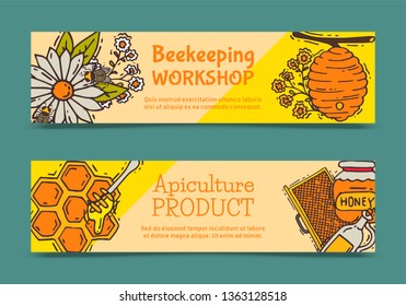 Beekeeping set of banners, apiary vector illustration. Beekeeping workshop and apiculture product. Honeycomb, honey from beehive, jar with organic honey. Bees swarm flying over flowers.