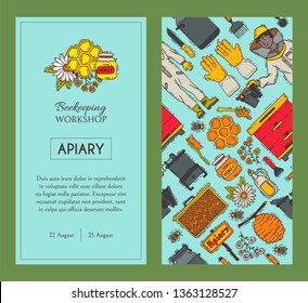 Beekeeping set of banners, apiary vector illustration. Beekeeping tools, man in suit. Honeycomb, honey from beehive, jar with organic honey. Bees swarm flying over flowers.