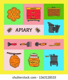 Beekeeping set of banners, apiary vector illustration. Beekeeping workshop, beekeeping tools and equipment. Honeycomb, honey from beehive, jar with organic honey.