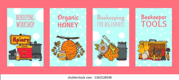 Beekeeping set of banners, apiary vector illustration. Beekeeping workshop and organic honey, beekeeping for beginners. Honeycomb, honey from beehive, jar with organic honey.