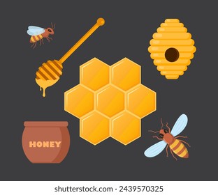 Apicultura. Colmena, abeja, panal, tarro de miel, cuchara sobre fondo oscuro. Jarabe dulce saludable. Granja apícola. Negocio de la abeja. Ilustración de vector