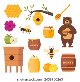 Beekeeping set. Beekeeper character, beehive, bee, honeycombs, honey jar, dipper, barrel flowers. Healthy sweet syrup. Beekeeping farm. Honey bee farming business. Vector illustration