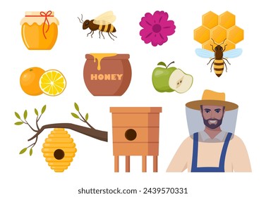 Beekeeping set. Beekeeper character, beehive, bee, honeycombs, honey jar, dipper, barrel flowers. Healthy sweet syrup. Beekeeping farm. Honey bee farming business. Vector illustration