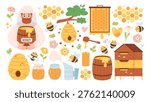 Beekeeping set. Cute bees, beekeeper, honey, honeycomb, hive and apiary tools. Perfect for kids design, packaging, stickers, nursery decor, organic products branding and educational materials. Flat vector illustration