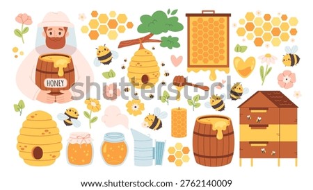 Beekeeping set. Cute bees, beekeeper, honey, honeycomb, hive and apiary tools. Perfect for kids design, packaging, stickers, nursery decor, organic products branding and educational materials. Flat vector illustration