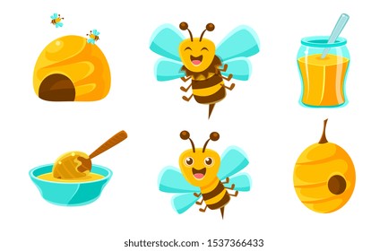 Beekeeping Set, Cute Funny Bee, Beehive, Glass Jar of Honey and Wooden Dipper Vector Illustration