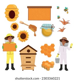 Beekeeping set, flat vector illustration. Beekeeper cartoon characters, beehive, bee, honeycombs, honey jar, dipper, barrel flowers. Healthy sweet syrup. Beekeeping farm. Honey bee farming business.