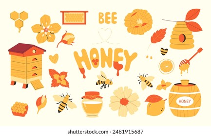 Beekeeping set of hand drawn elements. Honey, hive, apiary, bees, honeycombs