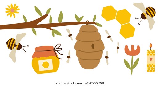 Beekeeping set with honey jar, bee, beeswax candle and flower.