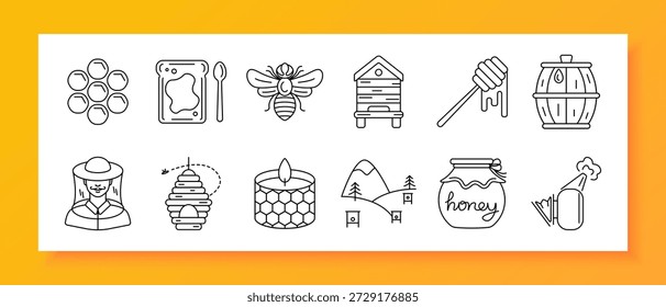 Symbol für Imkerei. Biene, Bienenstock, Wabe, Honig, Glas, Imker, Imker, Bienenstock, Löffel, Fass, Berg, Blume, Nektar, Produktion, Wachs, Werkzeug, Natur, Insekt, Bio, Bienenstock, Honigbiene