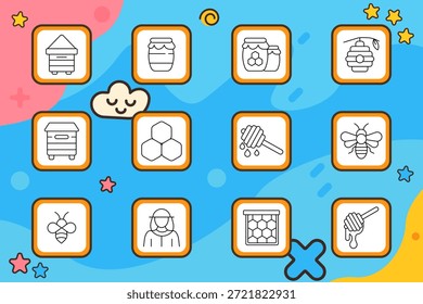 Symbol für Imkerei. Bienenstock, Glas, Wabe, hängender Bienenstock, tropfender Honig, Biene, Imker, Rahmen. Apiary, Insekten, Landwirtschaft, Natur, Landwirtschaft, Produktion.