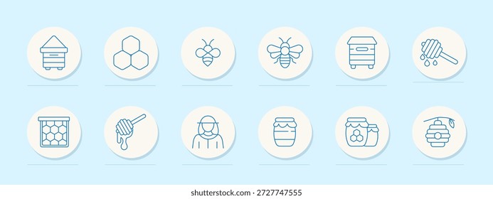 Symbol für Imkerei. Bienenstock, Bienenwabe, Biene, große Biene, Bienenstock, Dipper, Honigrahmen, Imker, Glas mit Honig, Blumenglas, hängender Bienenstock, Imkereiwerkzeuge und -produkte.