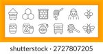 Beekeeping set icon. Hive, honeycomb, frame, dipper, beekeeper, bees, honey jars, hanging hive, dripping dipper, visuals connected to apiary tools, honey, and pollinators.
