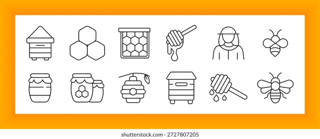Symbol für Imkerei. Bienenstock, Wabe, Rahmen, Taucher, Imker, Bienen, Honiggläser, hängender Bienenstock, tropfender Taucher, visuelle Elemente, die mit Imkereiwerkzeugen, Honig und Bestäubern verbunden sind.
