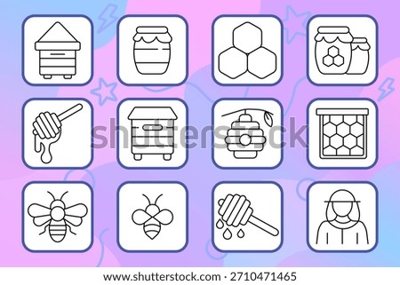 Beekeeping set icon. Hive, jar, honeycomb, pot, dipper, box, hanging hive, frame, bees, beekeeper. Nature, farming, production, insects, agriculture.