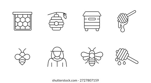 Symbol für Imkerei. Honigwabe, Bienenstock, Holzbienenstock, Honigwischer, Bienen, Imker, tropfender Honig in Bio-Bienenzuchtstil.