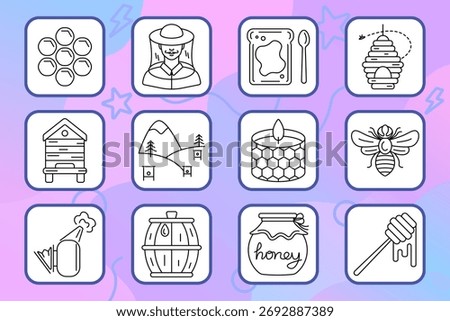 Beekeeping set icon. Honeycomb, beekeeper, toast, hive, bee, apiary, mountain, smoker, barrel, honey, dipper, candle. Nature, farming, insect.