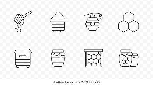 Icono de conjunto de apicultura. Iconos de línea que muestran el cucharón de miel, las cajas de la colmena, el nido colgante, los hexágonos, los tarros de miel, los marcos con las células del peine, y las estructuras de la colmena