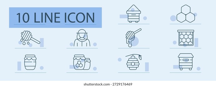 Icono de conjunto de apicultura. Iconos de línea que muestran el cucharón de la miel, tarro, panal, apicultor, colmena, pote de la miel, células de la cera, hexágonos, miel que gotea