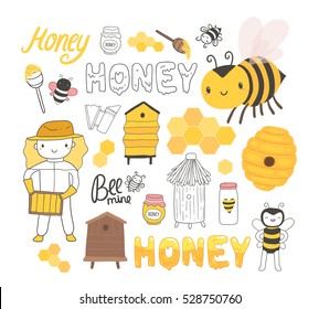 Beekeeping set of illustrations with cute bee, beekeeper, honey.