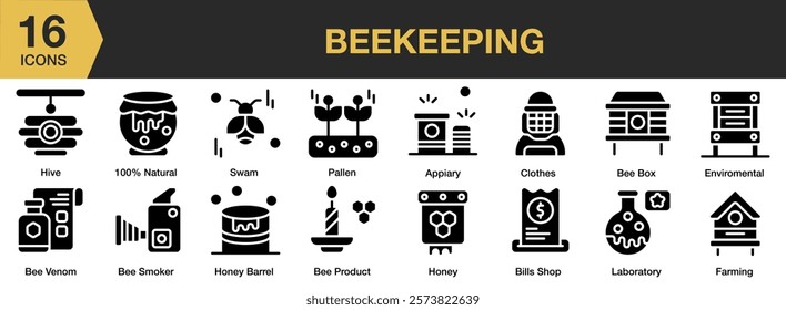 Beekeeping solid icon set. Includes honey, apiary, honeycomb, beekeeper, beehive, and More. Solid icons vector collection.