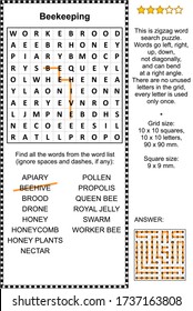 Beekeeping themed zigzag word search puzzle (suitable both for kids and adults). Answer included.