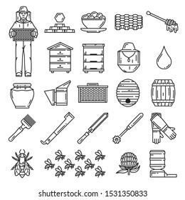 Beekeeping thin line icons. Vector honey bee, beekeeper, beehive frame, honeycombs, apiary hives and honey jar, flower, nectar drop and barrel, swarm, apiarist hat and beeswax, propolis, hive tools