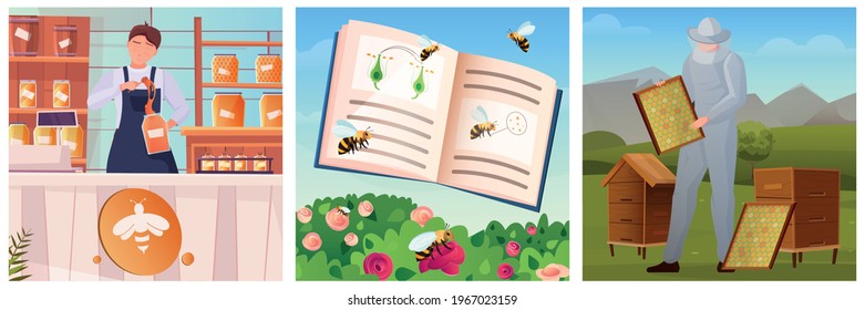 Beekeeping three flat color square illustrations with flying bees beekeeper and seller at counter with honey jars isolated vector illustration