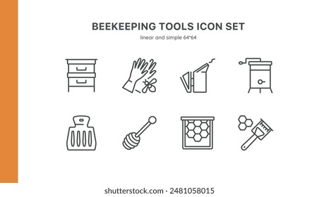 Beekeeping Tools Vector Icons Set. Essential Beekeeping Equipment, Honey Production Tools, Hive Management, Beekeeper Accessories. Editable Linear Collection.