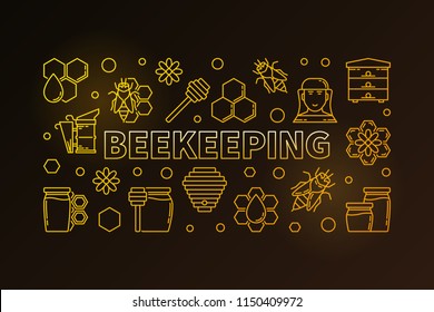 Beekeeping vector colored horizontal illustration made with bee, honey, honeycomb, apiary icons in thin line style on dark background