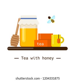 Beekeeping vector concept with different items. Modern flat style vector. tea with honey illustration. Apiary concept.