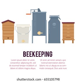 Beekeeping vector concept with different  items. Modern flat style vector. Honey illustration. Apiary concept.