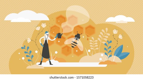 Beekeeping vector illustration. Bee honey occupation in flat tiny persons concept. Insect nectar collection harvesting agriculture for healthy and tasty products. Cell farms worker as food profession.