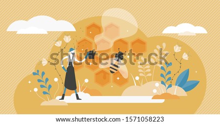 Beekeeping vector illustration. Bee honey occupation in flat tiny persons concept. Insect nectar collection harvesting agriculture for healthy and tasty products. Cell farms worker as food profession.