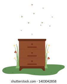 Beekeeping vector, isolated beehive with bees flying and pollinate flowers, glass and flora flourishing plants, cabinet made of wood, home to insects. Tools for apiary