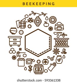 Beekeeping vector line icon honey label emblem. Outline apiary isolated objects in a circle.