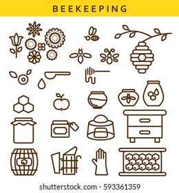 Beekeeping vector line icon set. Outline apiary isolated objects.