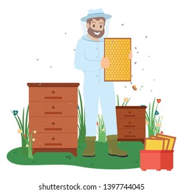 Beekeeping vector, man wearing protective costume apiarist with bees making honey. Organic farming and production of person flat style. Apiary farm. Wooden dipper and apiarist in protect suit and mask