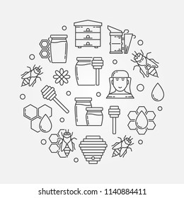 Beekeeping vector outline circular illustration. Honey and beekeeping round concept symbol in thin line style