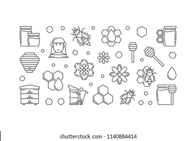 Beekeeping vector outline horizontal illustration. Honey and beekeeping concept banner in outline style