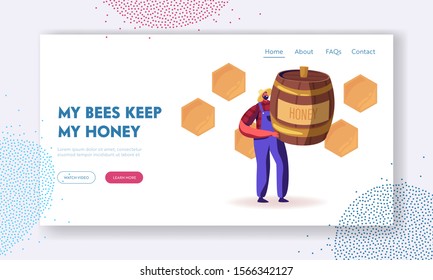 Beekeeping Website Landing Page. Beekeeper Character Holding Huge Barrel with Honey. Farmer Extracting Bees Production for Sale. Organic Sweet Food Web Page Banner. Cartoon Flat Vector Illustration